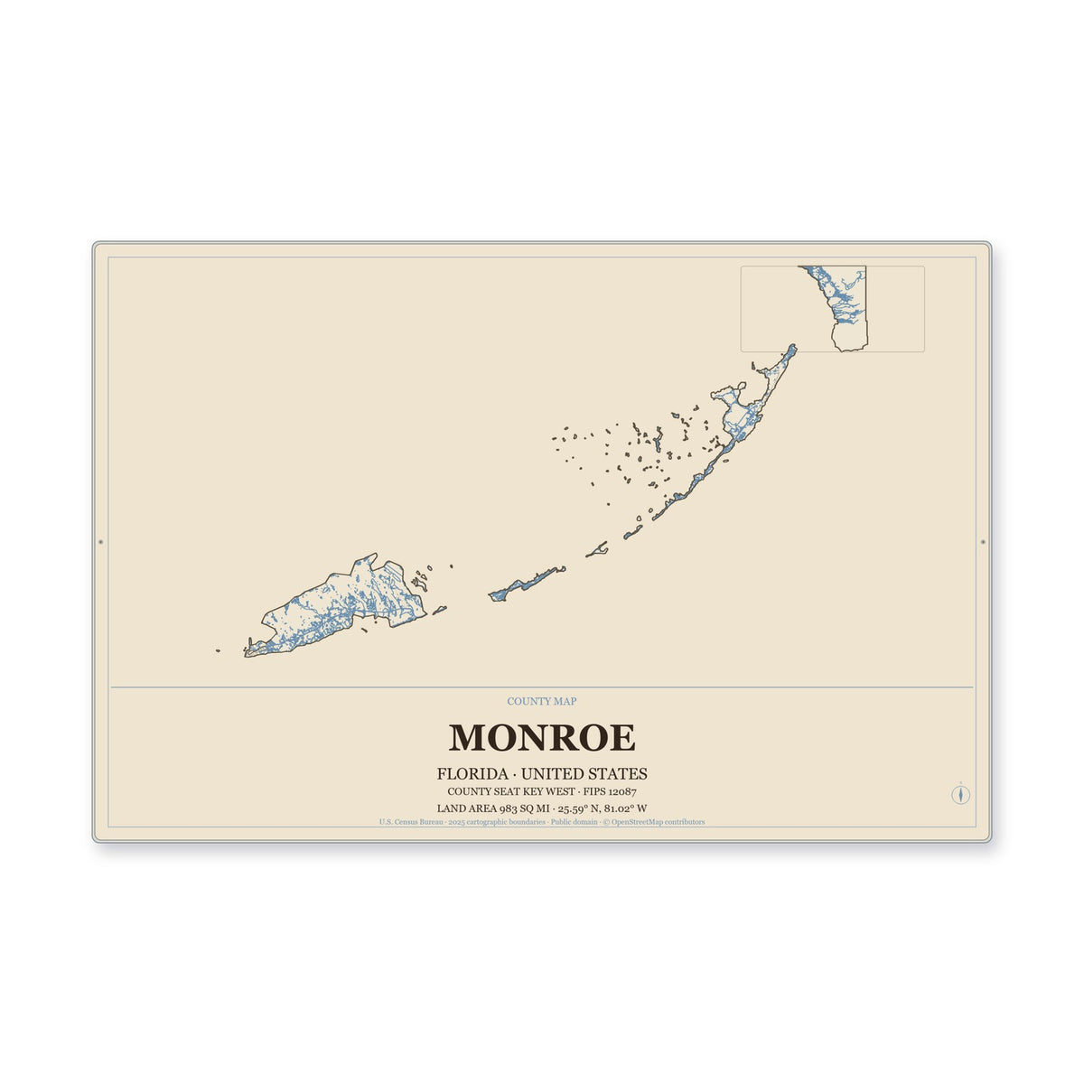 Monroe County, Florida Map Aluminum Sign in Heritage Nautical style