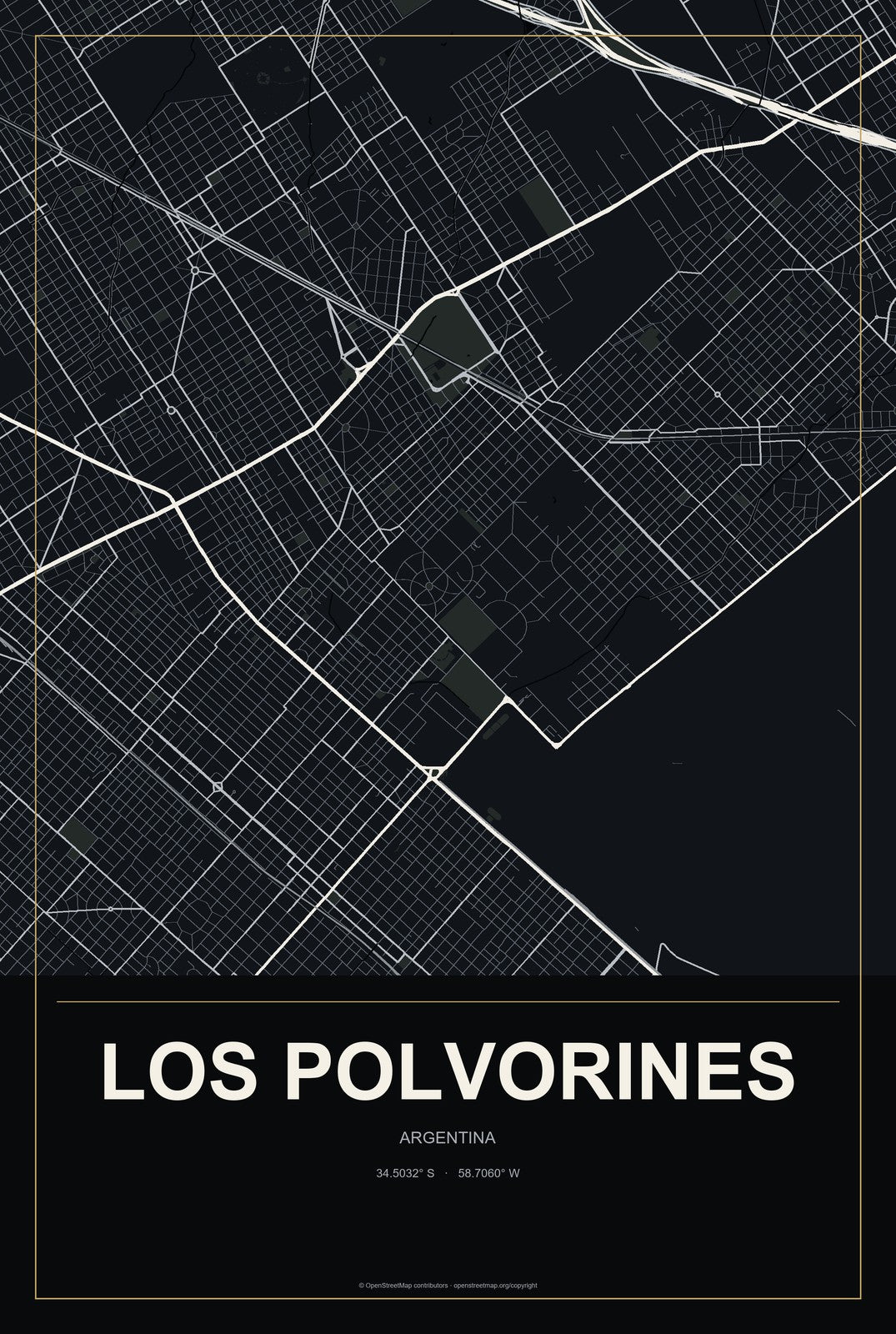 Los Polvorines, Argentina City Map Aluminum Sign in Metropolitan Noir style