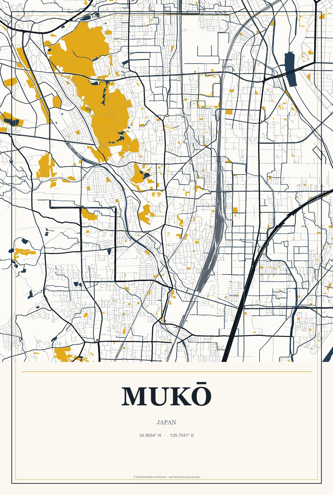 Mukō, Japan City Map Aluminum Sign in Citrine Modern style