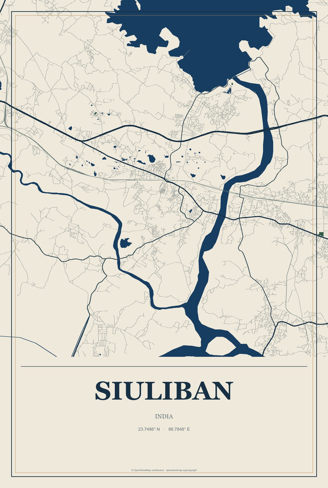 Siuliban, India City Map Aluminum Sign in Coastal Cutout style