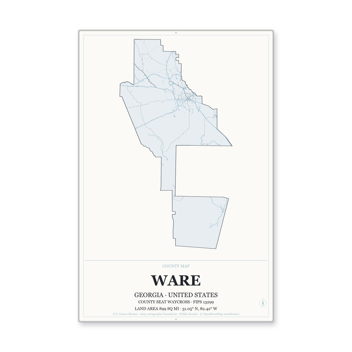 Ware County, Georgia Map Aluminum Sign in Gallery Air style