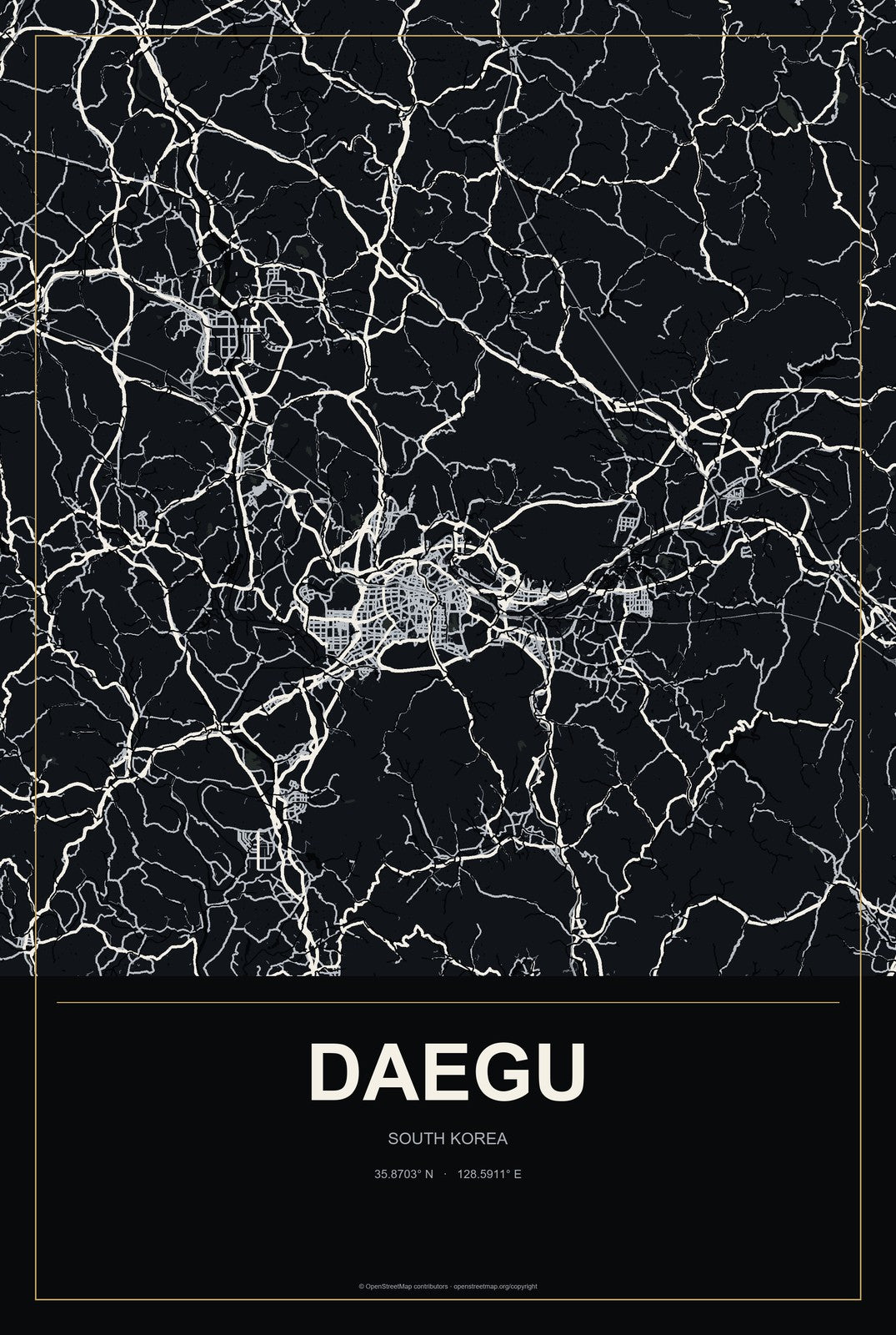 Daegu, South Korea City Map Aluminum Sign in Metropolitan Noir style