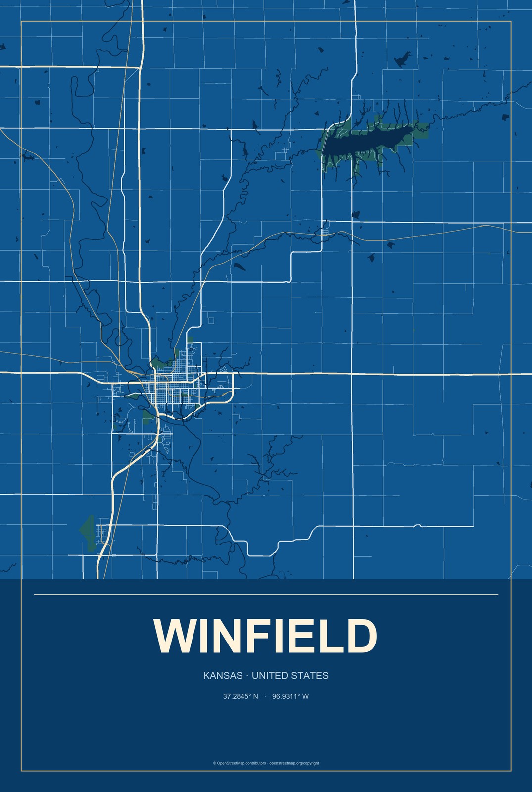 Winfield, Kansas City Map Aluminum Sign in Harbor Cobalt style