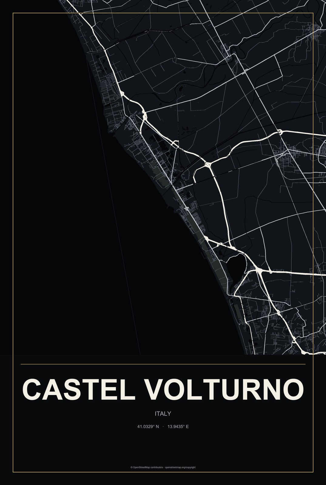 Castel Volturno, Italy City Map Aluminum Sign in Metropolitan Noir style