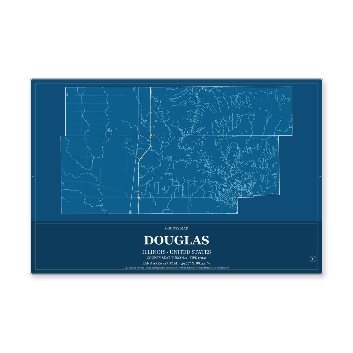 Douglas County, Illinois Map Aluminum Sign in Harbor Cobalt style