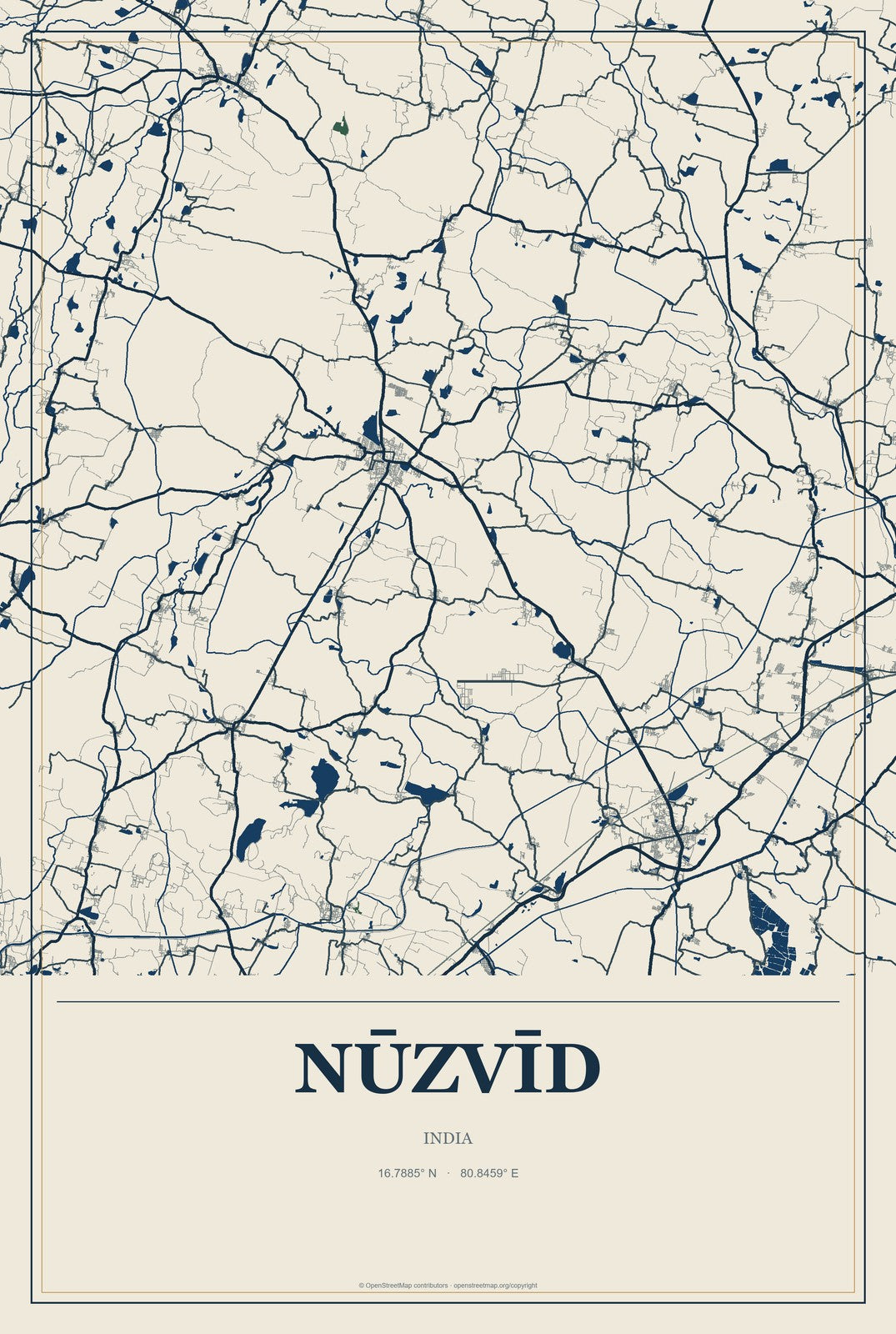 Nūzvīd, India City Map Aluminum Sign in Coastal Cutout style