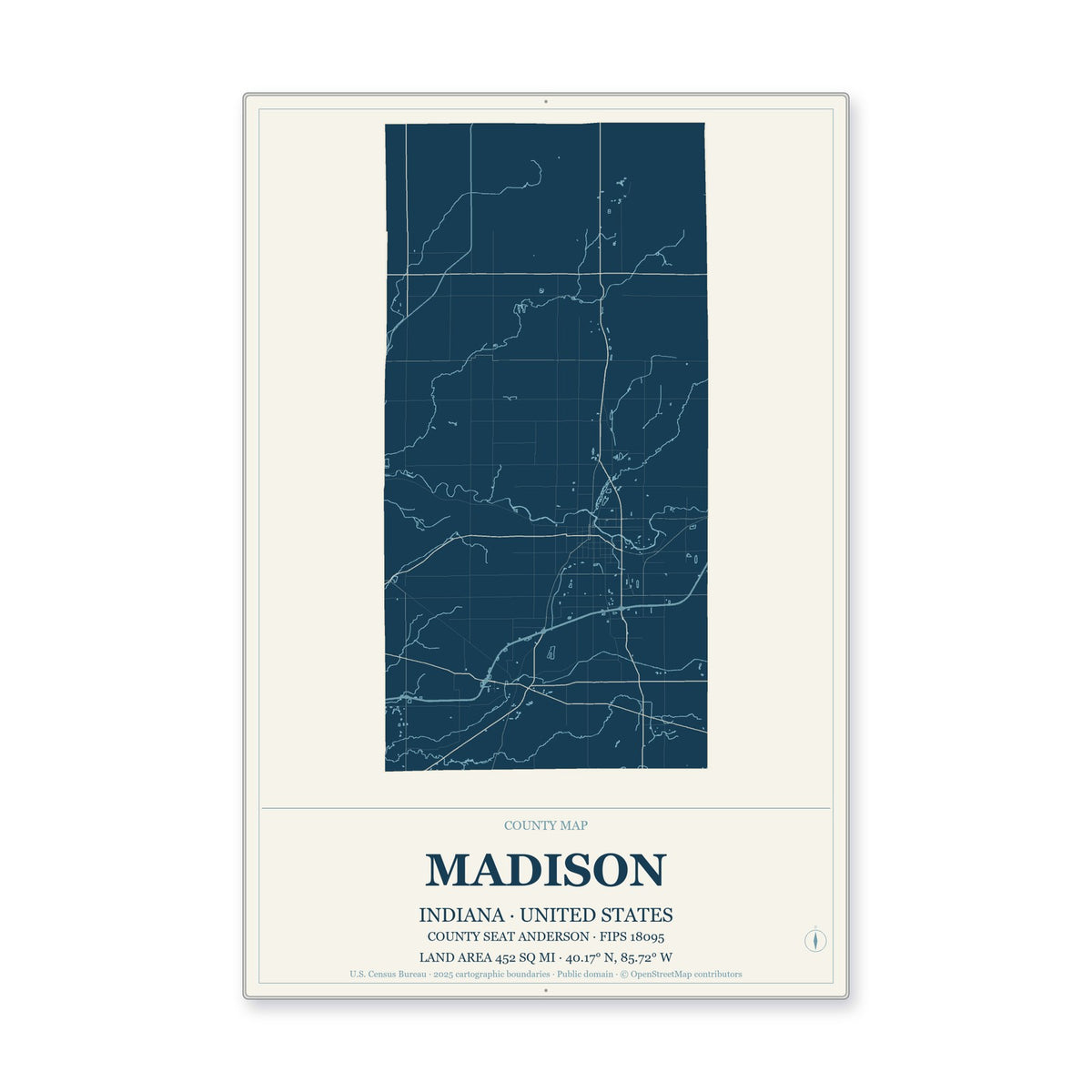 Madison County, Indiana Map Aluminum Sign in Coastal Cutout style