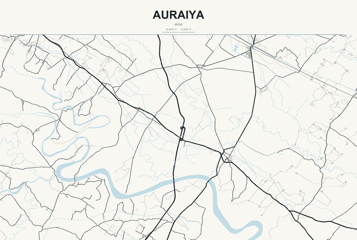 Auraiya, India City Map Aluminum Sign in Headline Atlas style