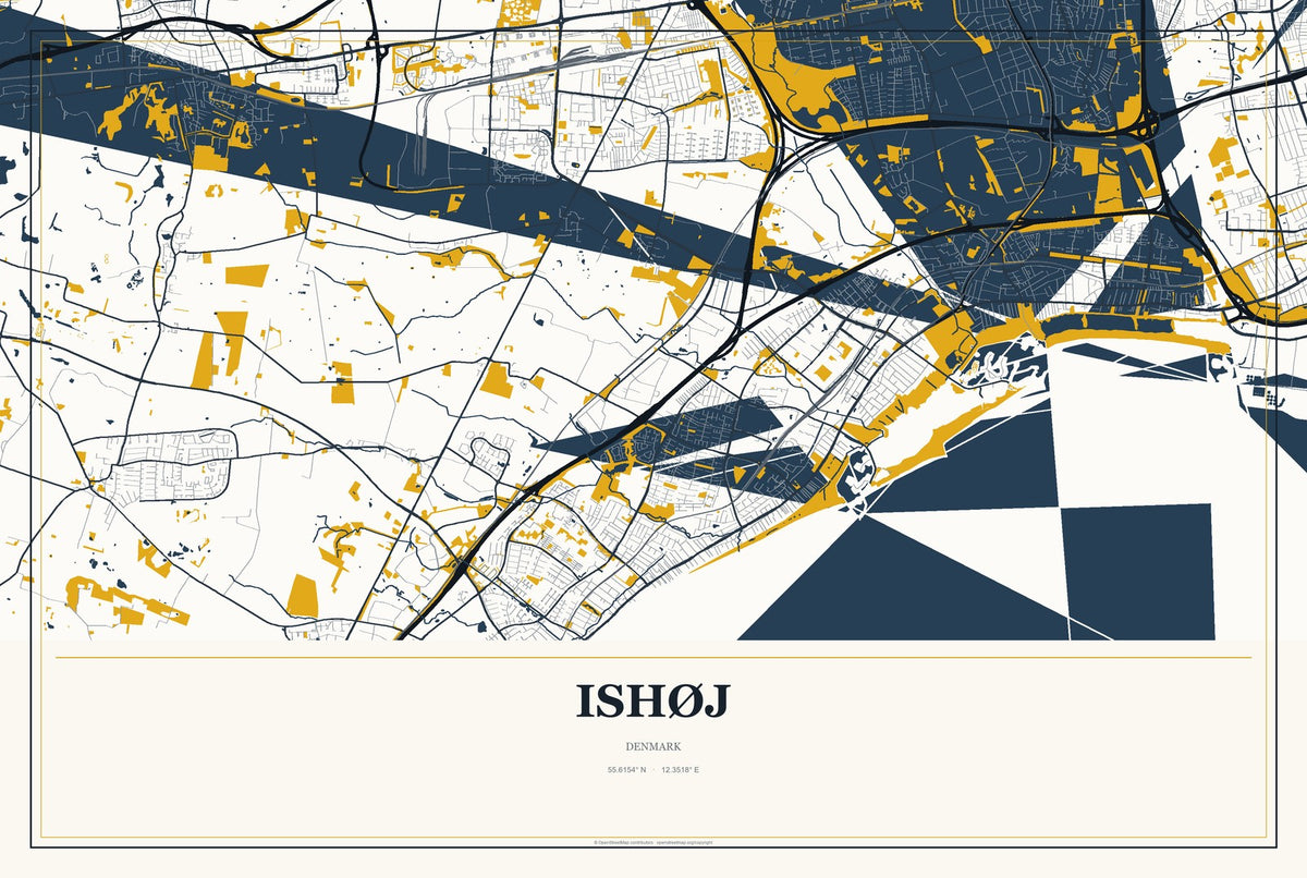 Ishøj, Denmark City Map Aluminum Sign in Citrine Modern style