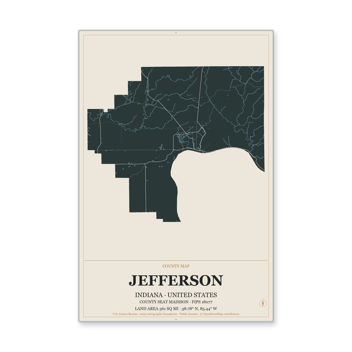 Jefferson County, Indiana Map Aluminum Sign in Headline Atlas style