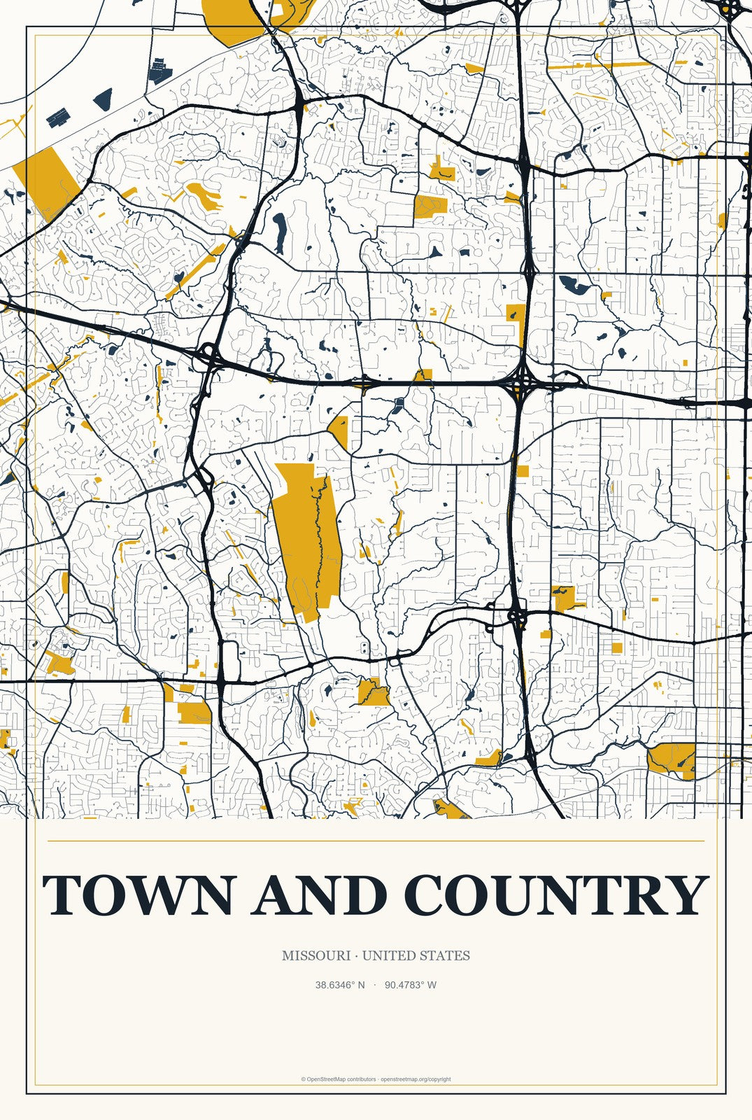 Town and Country, Missouri City Map Aluminum Sign in Citrine Modern style