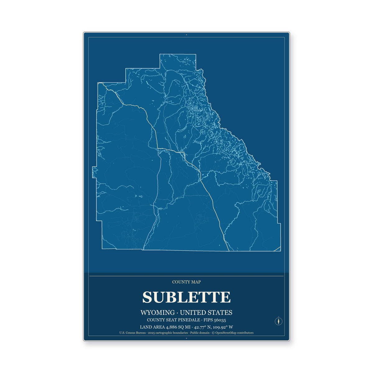 Sublette County, Wyoming Map Aluminum Sign in Harbor Cobalt style