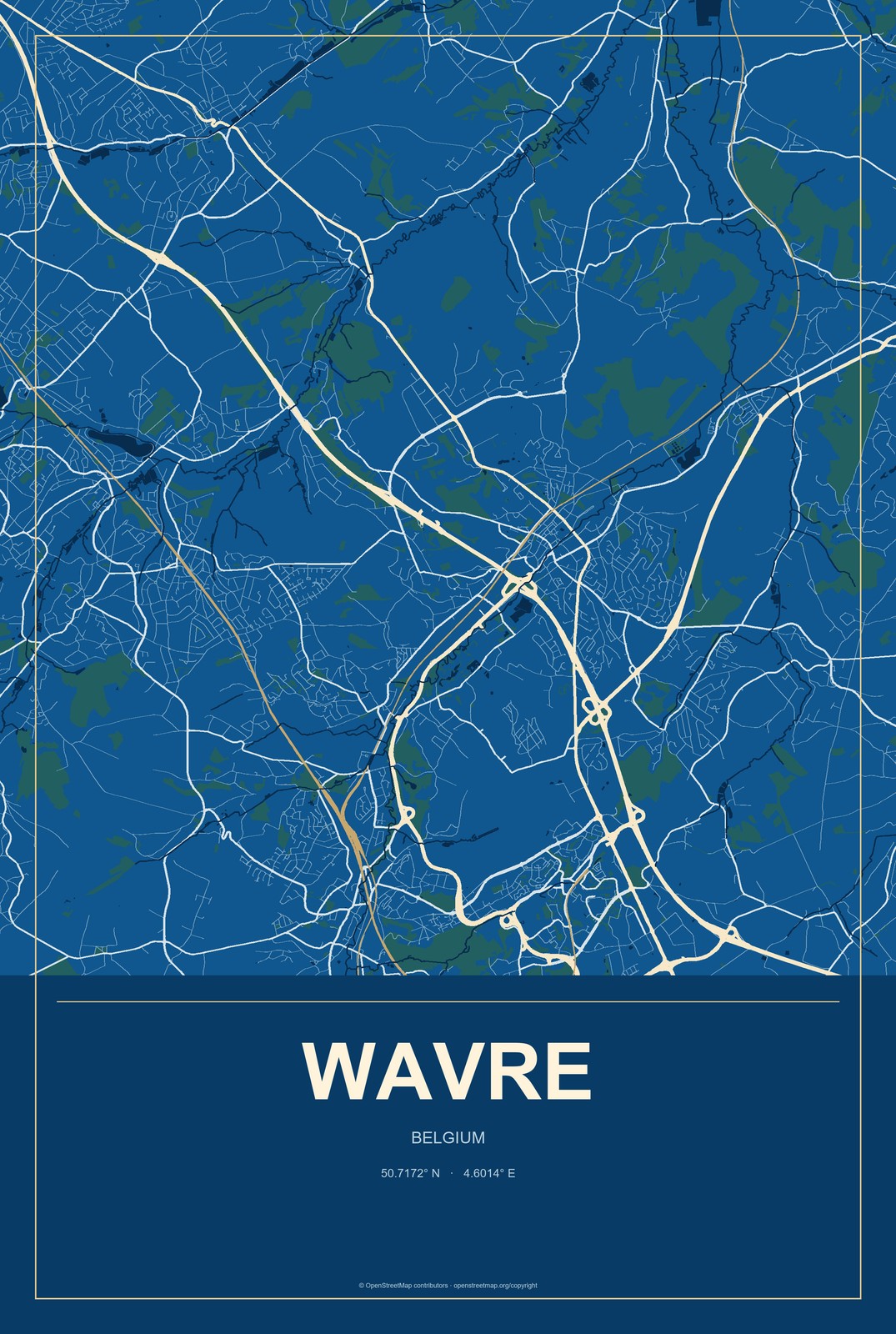 Wavre, Belgium City Map Aluminum Sign in Harbor Cobalt style