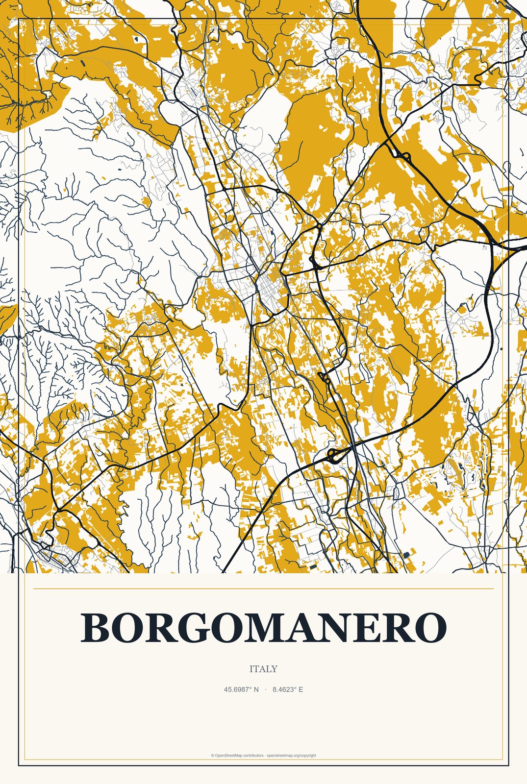 Borgomanero, Italy City Map Aluminum Sign in Citrine Modern style
