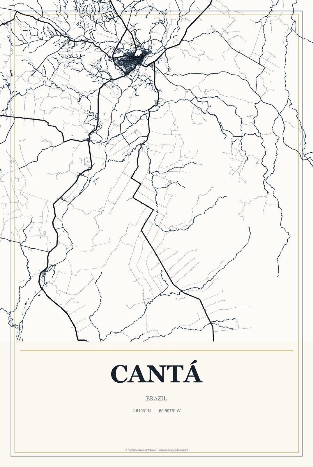 Cantá, Brazil City Map Aluminum Sign in Citrine Modern style