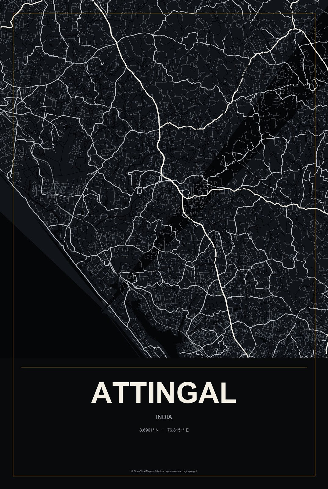 Attingal, India City Map Aluminum Sign in Metropolitan Noir style