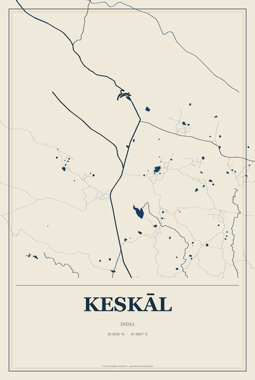 Keskāl, India City Map Aluminum Sign in Coastal Cutout style