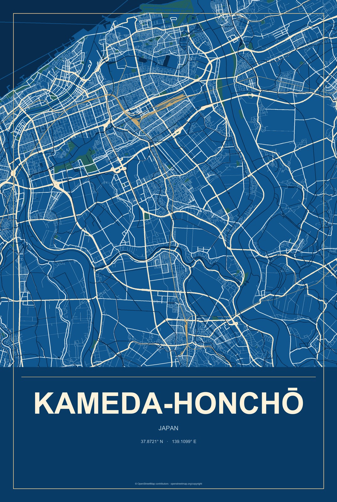 Kameda-honchō, Japan City Map Aluminum Sign in Harbor Cobalt style