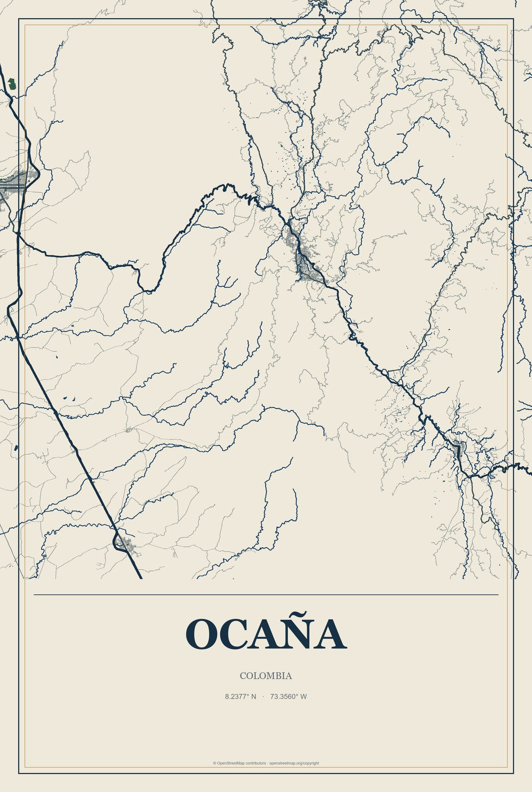 Ocaña, Colombia City Map Aluminum Sign in Coastal Cutout style