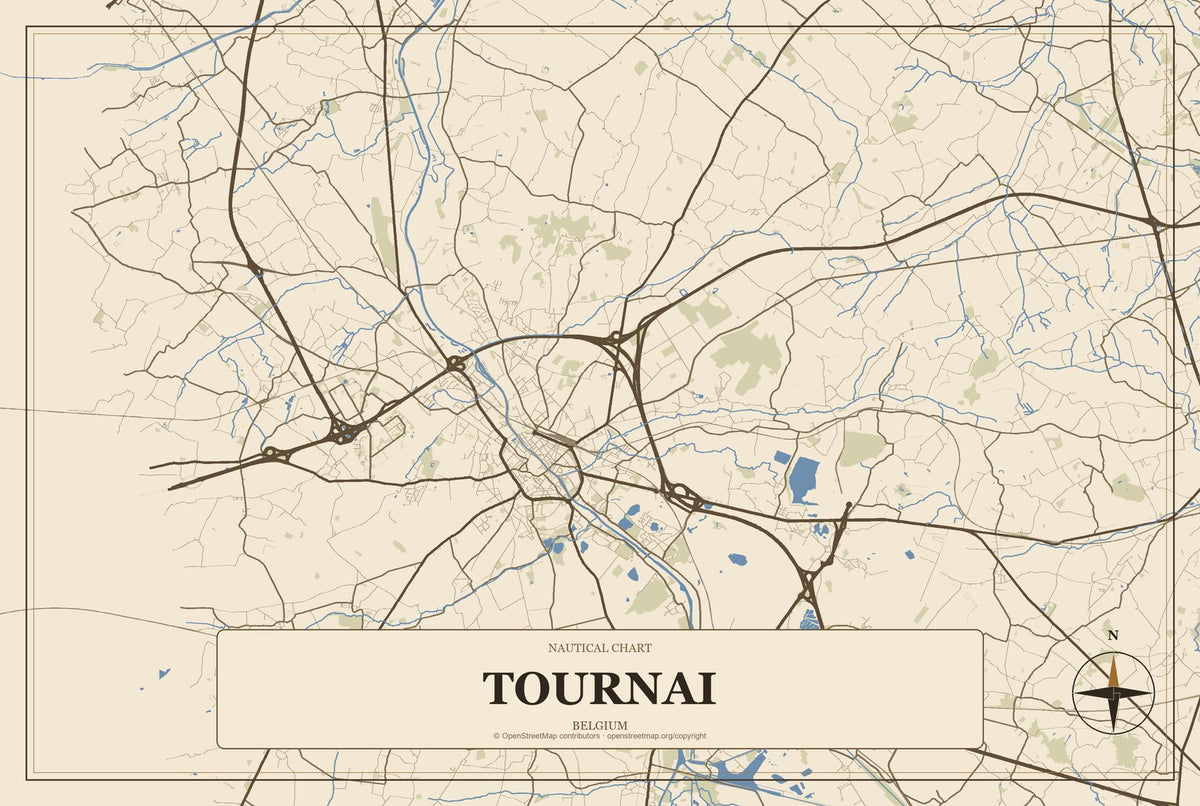 Tournai, Belgium City Map Aluminum Sign in Heritage Nautical style