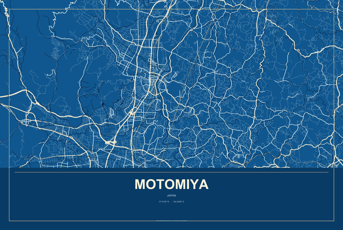 Motomiya, Japan City Map Aluminum Sign in Harbor Cobalt style