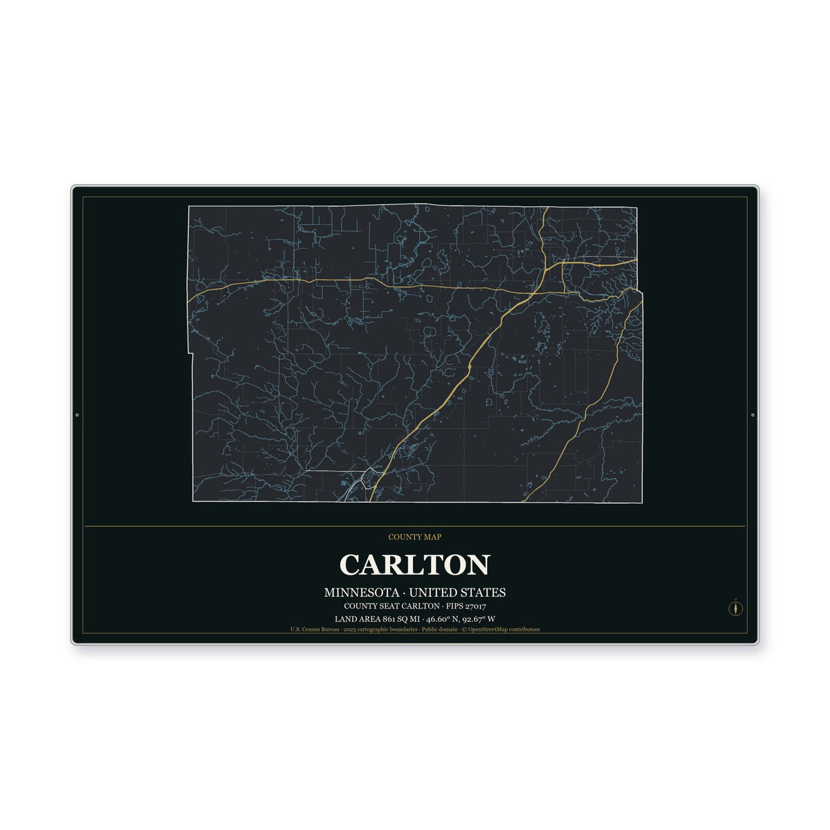 Carlton County, Minnesota Map Aluminum Sign in Metropolitan Noir style