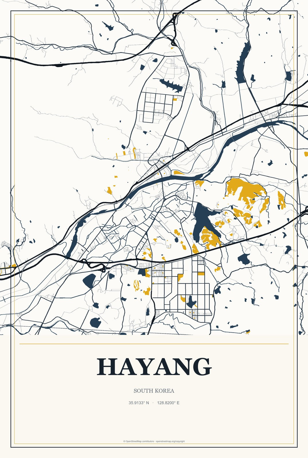 Hayang, South Korea City Map Aluminum Sign in Citrine Modern style