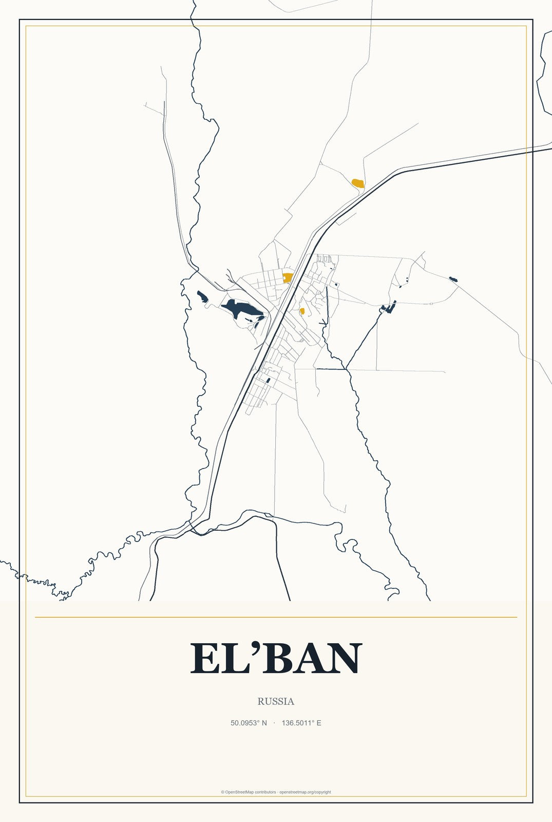 El’ban, Russia City Map Aluminum Sign in Citrine Modern style