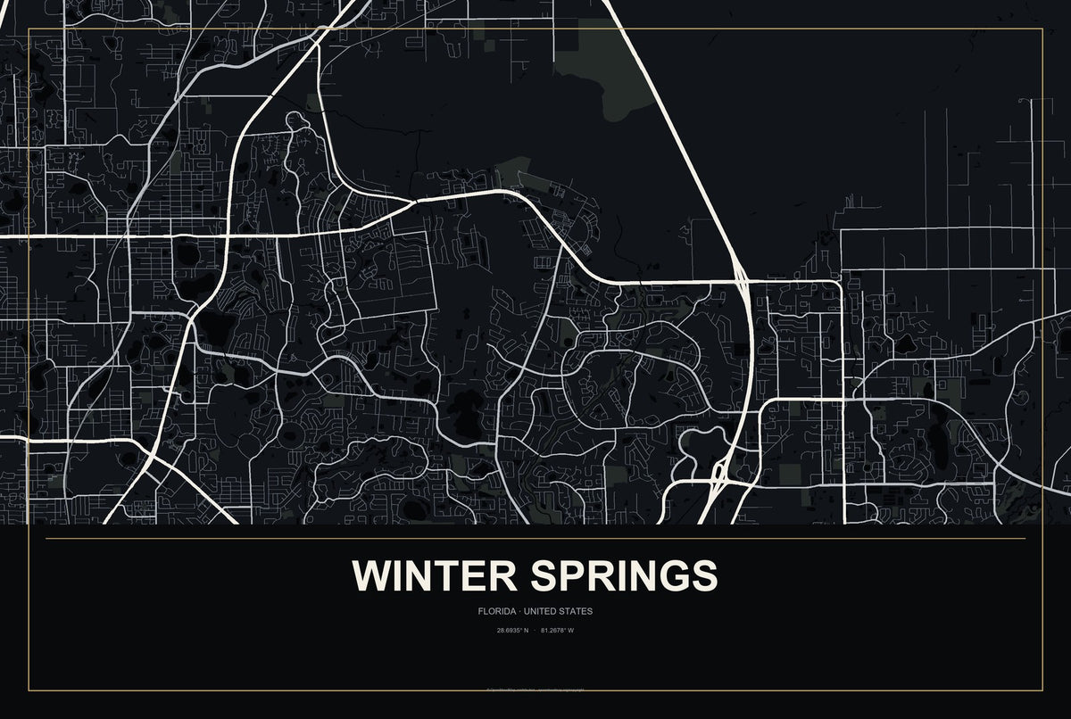 Winter Springs, Florida City Map Aluminum Sign in Metropolitan Noir style