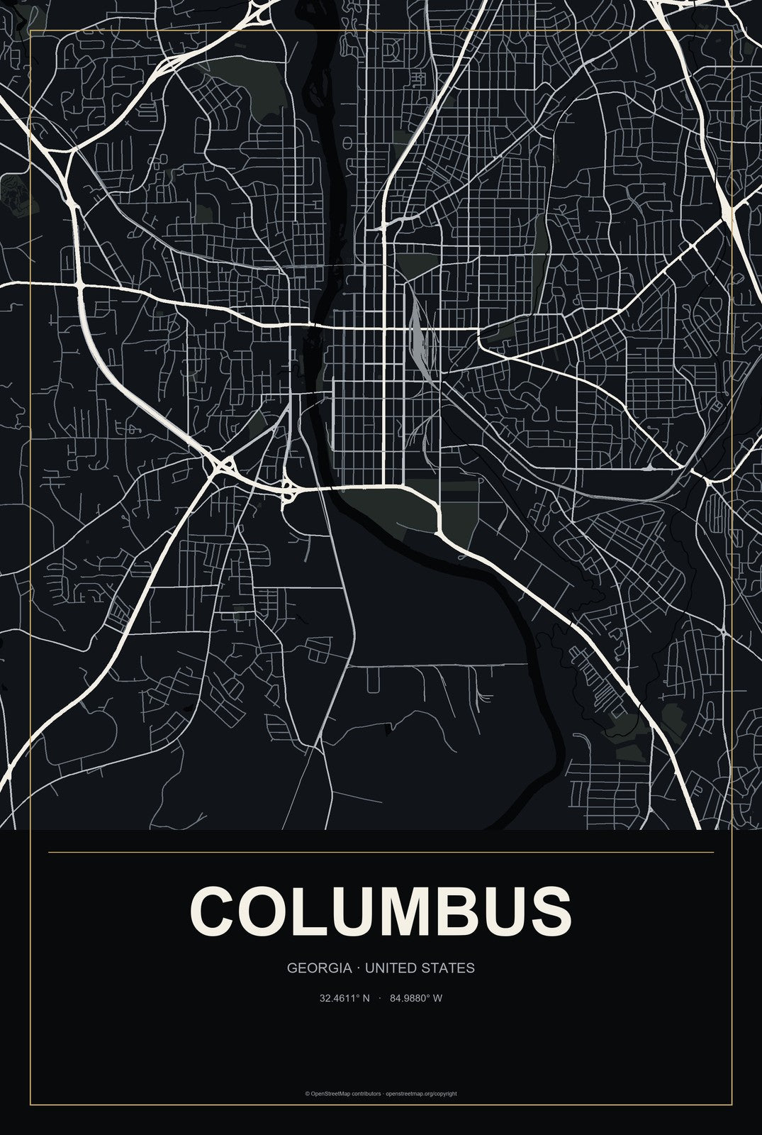 Columbus, Georgia City Map Aluminum Sign in Metropolitan Noir style