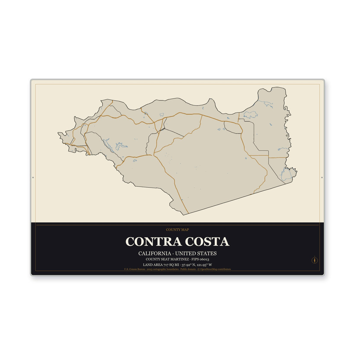 Contra Costa County, California Map Aluminum Sign in Museum Plaque style
