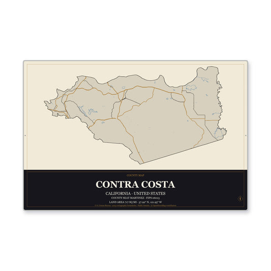Contra Costa County, California Map Aluminum Sign in Museum Plaque style