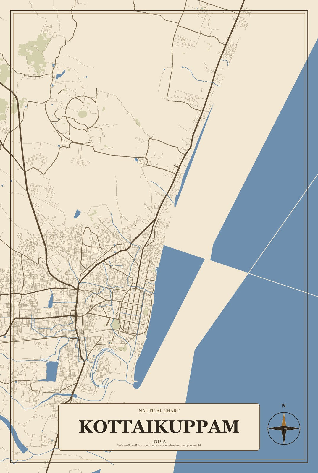 Kottaikuppam, India City Map Aluminum Sign in Heritage Nautical style