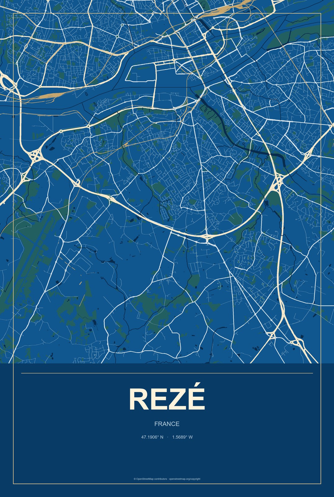 Rezé, France City Map Aluminum Sign in Harbor Cobalt style