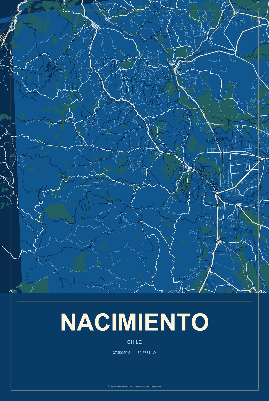 Nacimiento, Chile City Map Aluminum Sign in Harbor Cobalt style