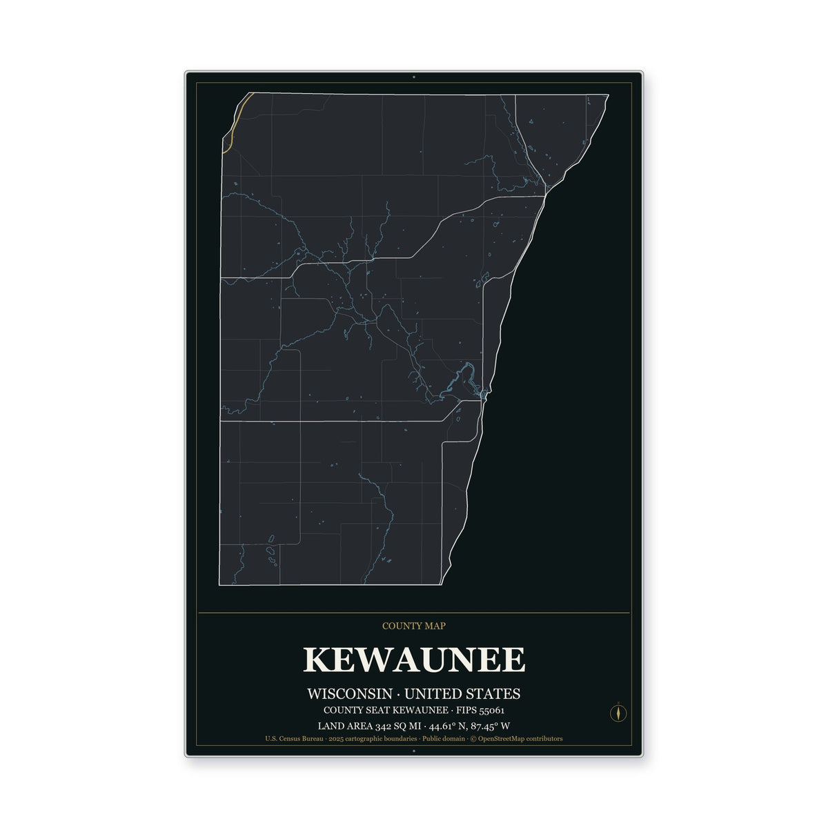 Kewaunee County, Wisconsin Map Aluminum Sign in Metropolitan Noir style