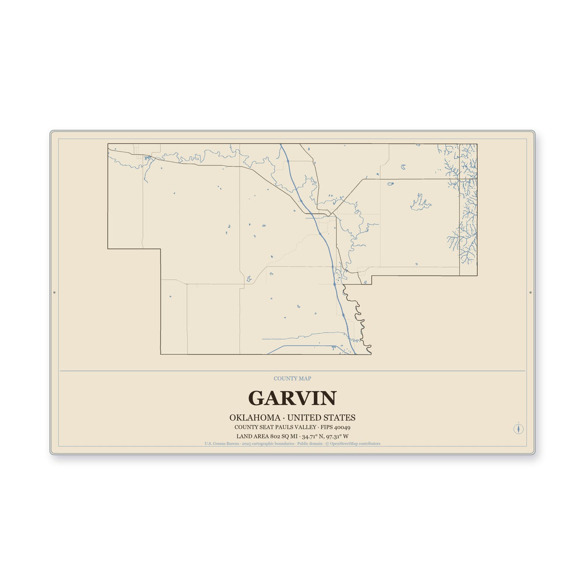 Garvin County, Oklahoma Map Aluminum Sign in Heritage Nautical style