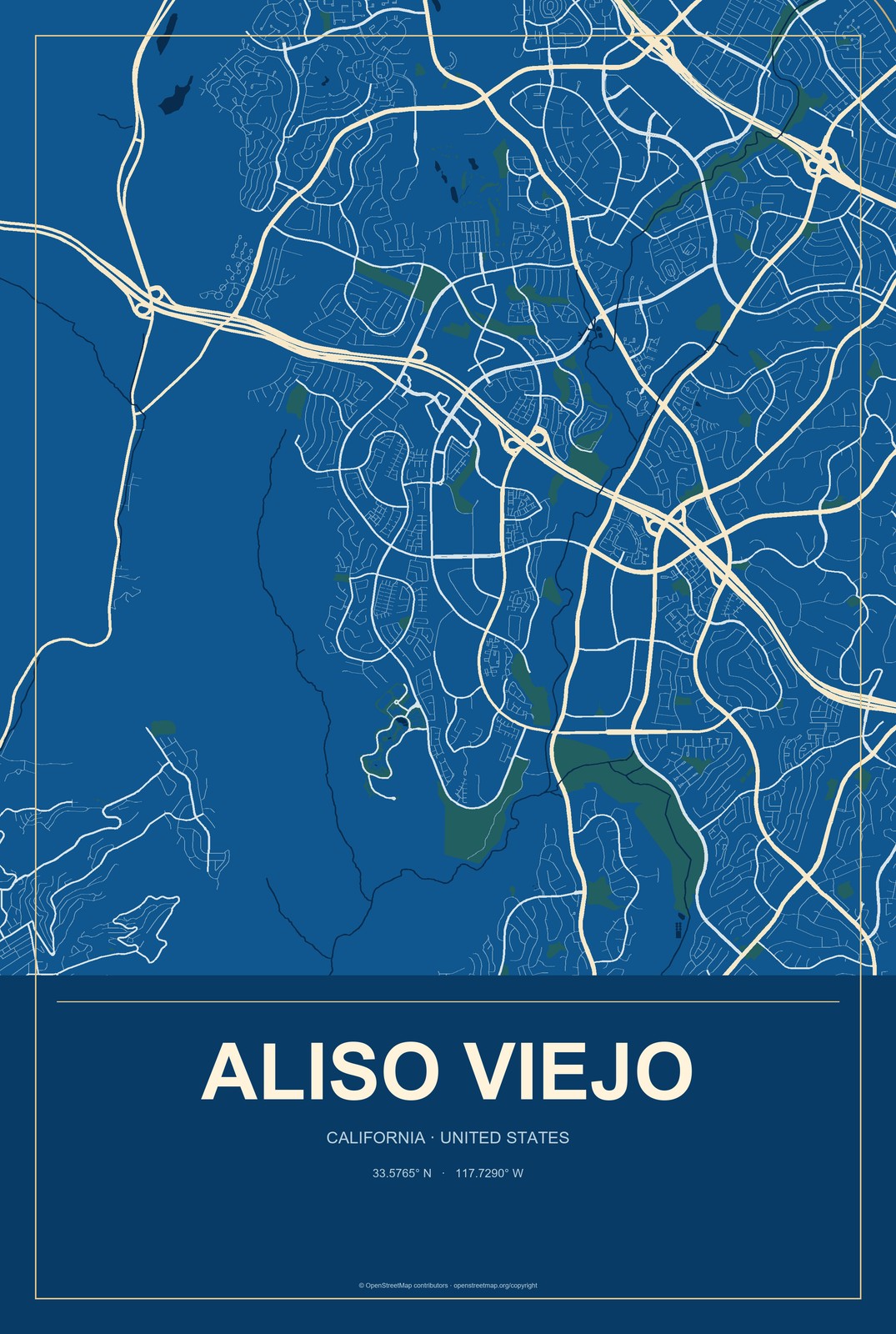 Aliso Viejo, California City Map Aluminum Sign in Harbor Cobalt style