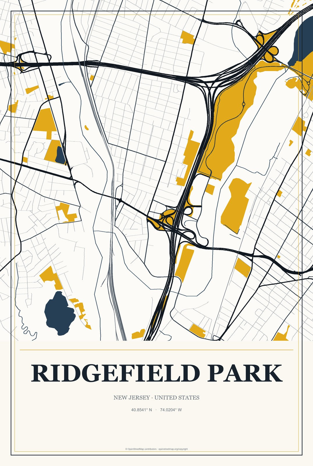 Ridgefield Park, New Jersey City Map Aluminum Sign in Citrine Modern style