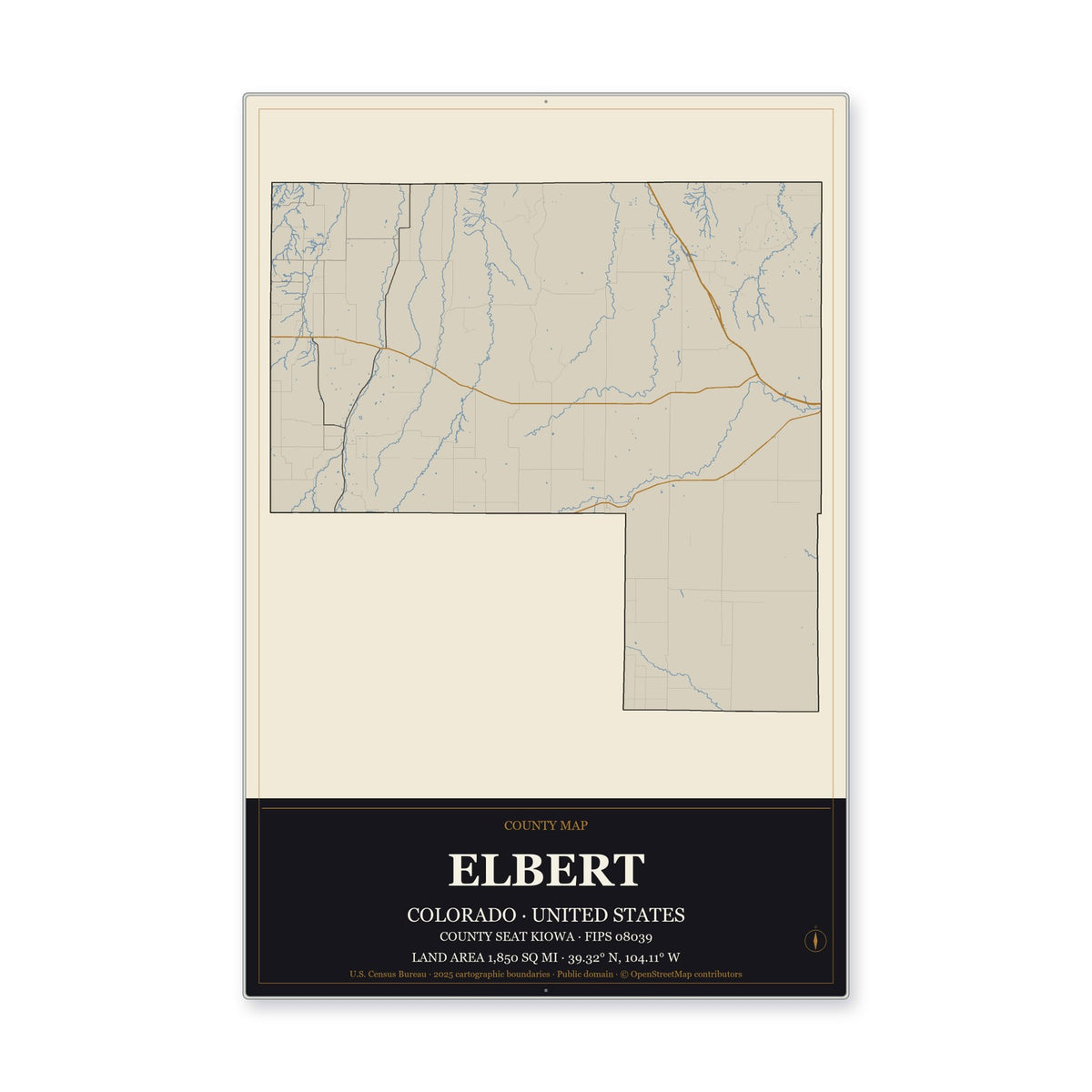 Elbert County, Colorado Map Aluminum Sign in Museum Plaque style