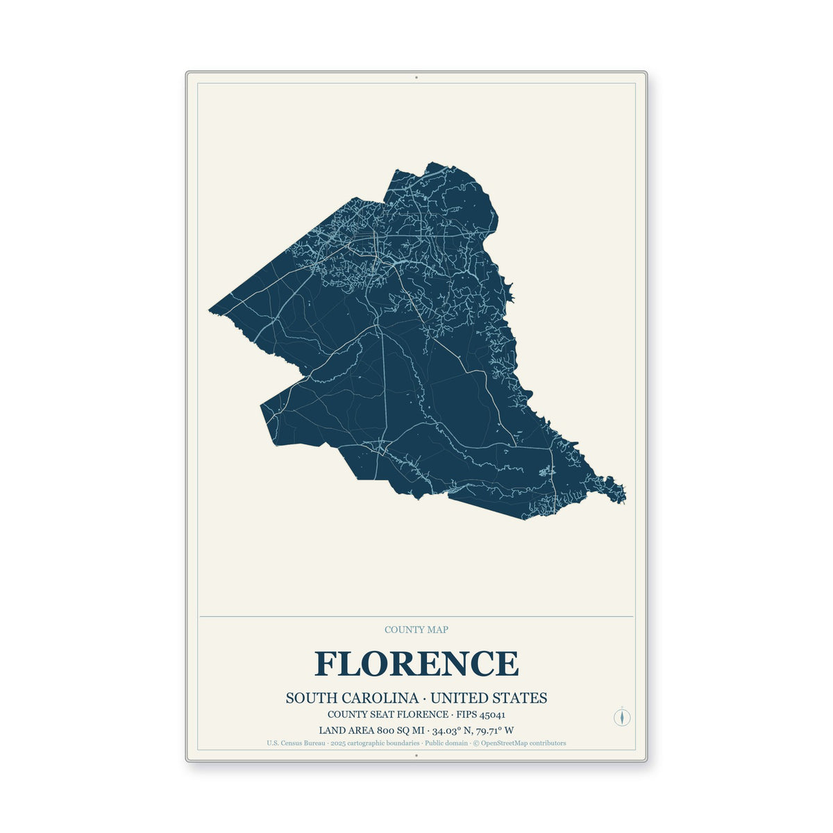Florence County, South Carolina Map Aluminum Sign in Coastal Cutout style