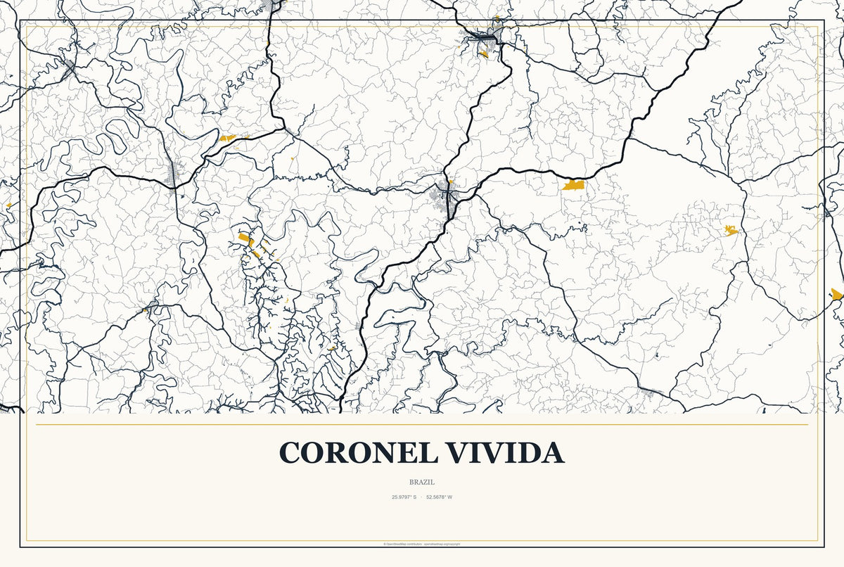 Coronel Vivida, Brazil City Map Aluminum Sign in Citrine Modern style