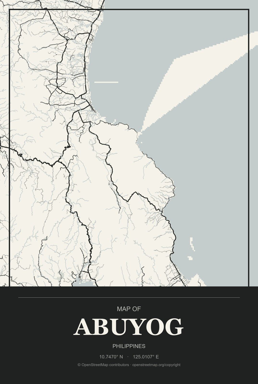 Abuyog, Philippines City Map Aluminum Sign in Museum Plaque style