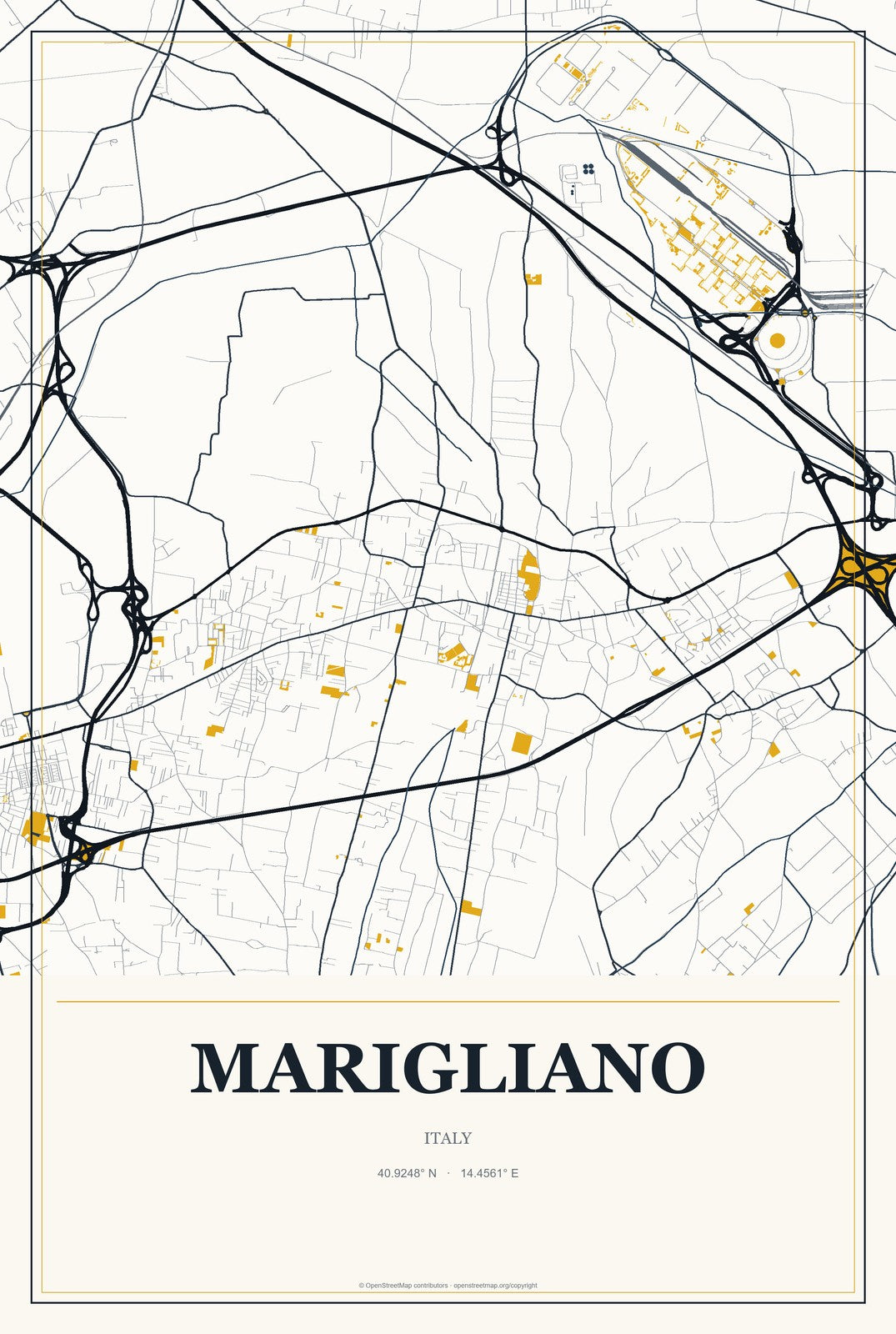 Marigliano, Italy City Map Aluminum Sign in Citrine Modern style