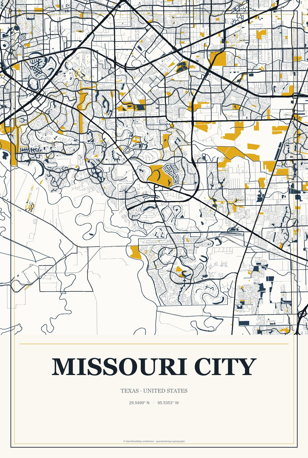 Missouri City, Texas City Map Aluminum Sign in Citrine Modern style