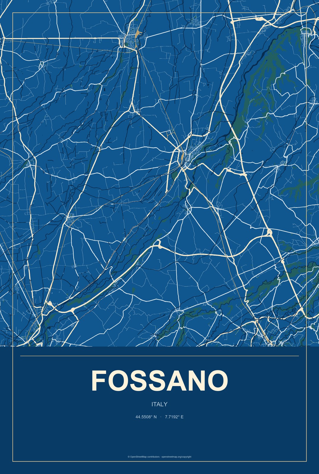 Fossano, Italy City Map Aluminum Sign in Harbor Cobalt style