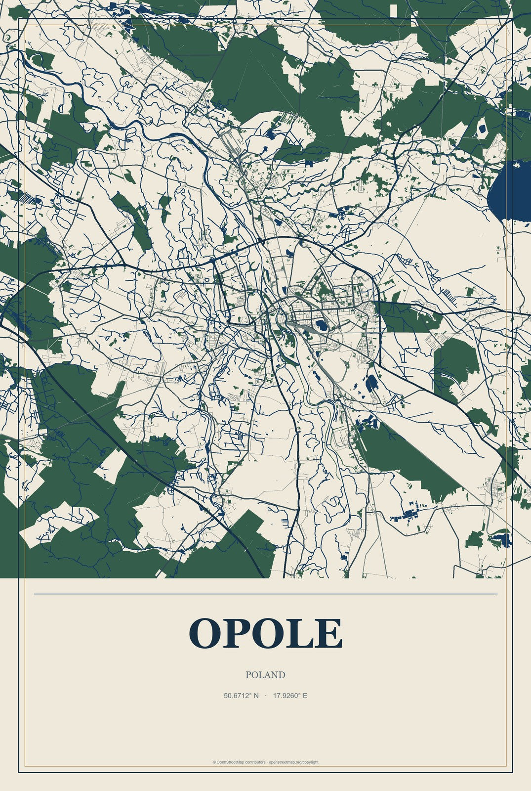 Opole, Poland City Map Aluminum Sign in Coastal Cutout style