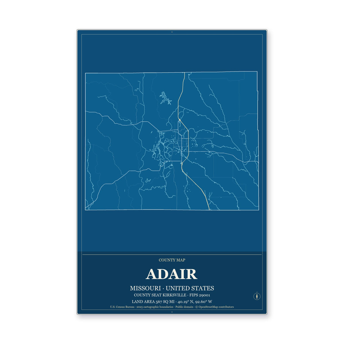 Adair County, Missouri Map Aluminum Sign in Harbor Cobalt style