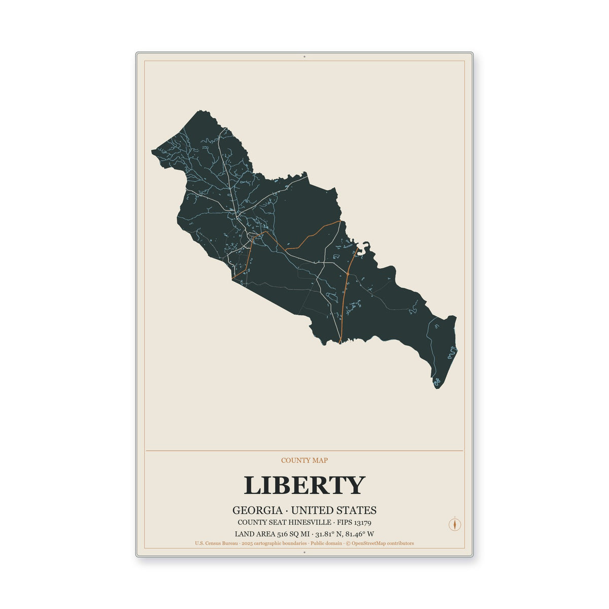 Liberty County, Georgia Map Aluminum Sign in Headline Atlas style