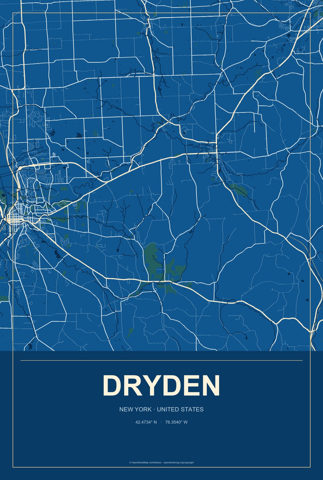 Dryden, New York City Map Aluminum Sign in Harbor Cobalt style